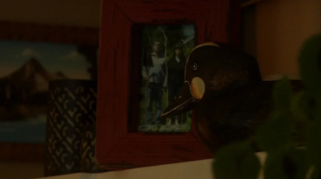 Humpday (2009) movie still: closeup — A dark wooden bird carving sits on a shelf next to a framed photo. The background contains a blurry landscape…