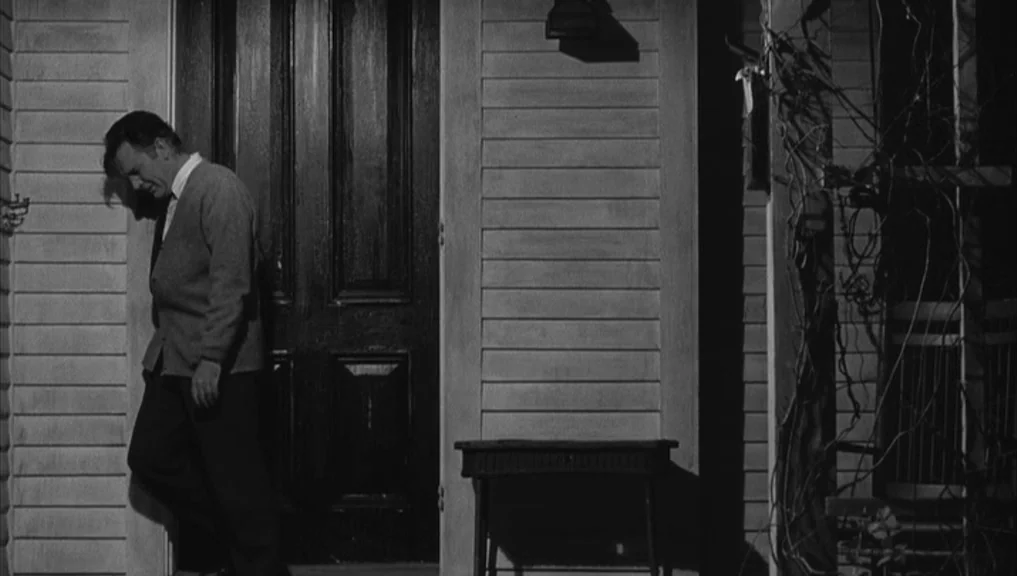 Who’s Afraid Of Virginia Woolf? (1966) movie still: medium — The exterior of a house at night with horizontal siding and a dark door. A man leans…