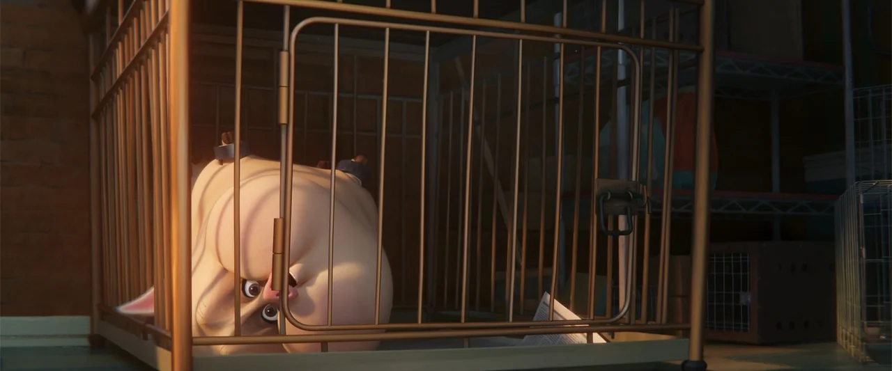DC League of Super-Pets (2022) movie still: medium — An interior space features metal wire crates stacked on shelves in an animal facility. A…