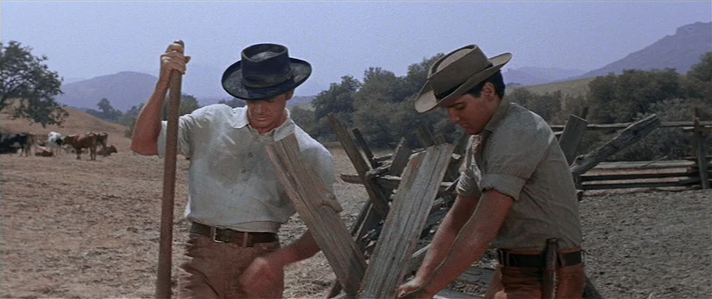 Flaming Star (1960) movie still: medium — A dry, dusty field with hills in the distance serves as a workspace. Two men in work clothes fix a section…