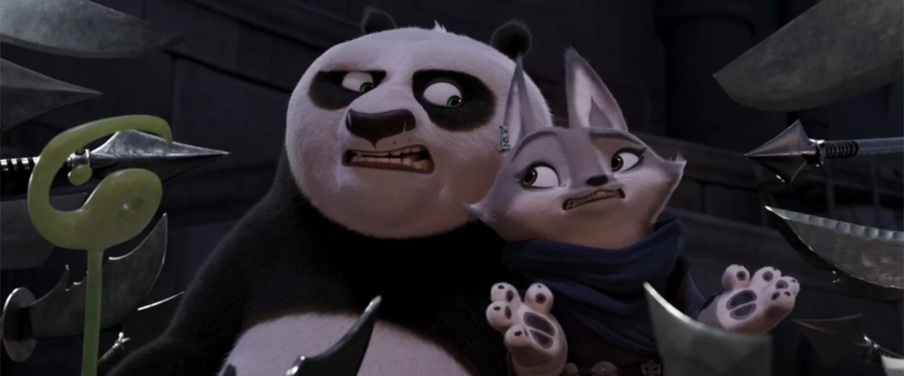 Kung Fu Panda 4 (2024) movie still: medium — An interior stone chamber features dark masonry blocks and multiple sharp metallic blades suspended…