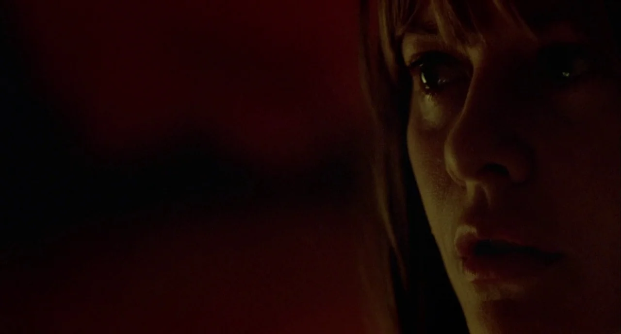 In The Cut (2003) movie still: closeup — A dark environment with almost no detail visible outside the illuminated face. The subject turns their face…