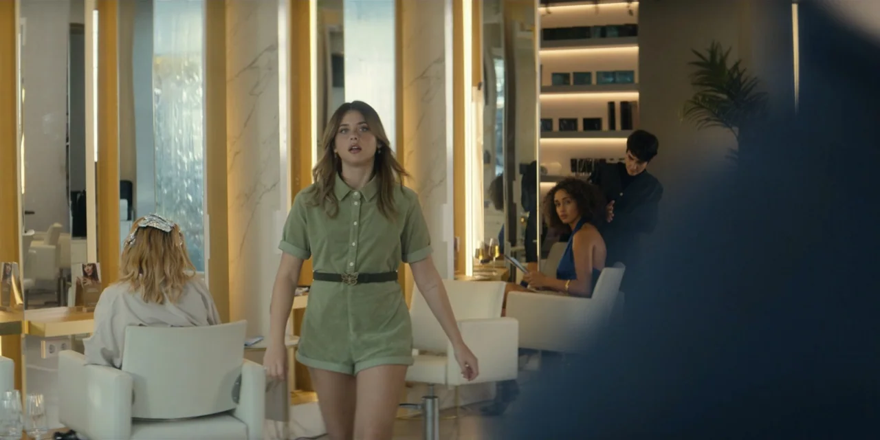Our Fault (2025) movie still: medium — A well-lit, modern hair salon features marble wall paneling and minimalist white chairs. A woman in a green…