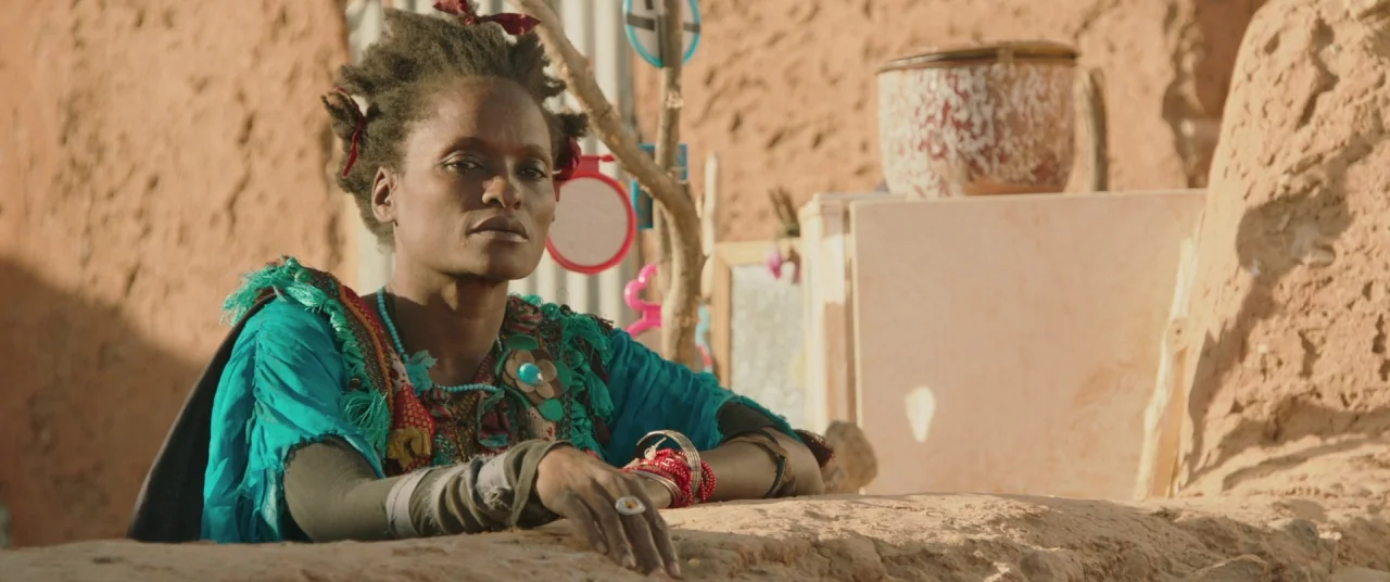 Timbuktu (2014) movie still: medium — An arid environment features a rustic, textured earthen wall illuminated by bright daylight. A woman wearing…