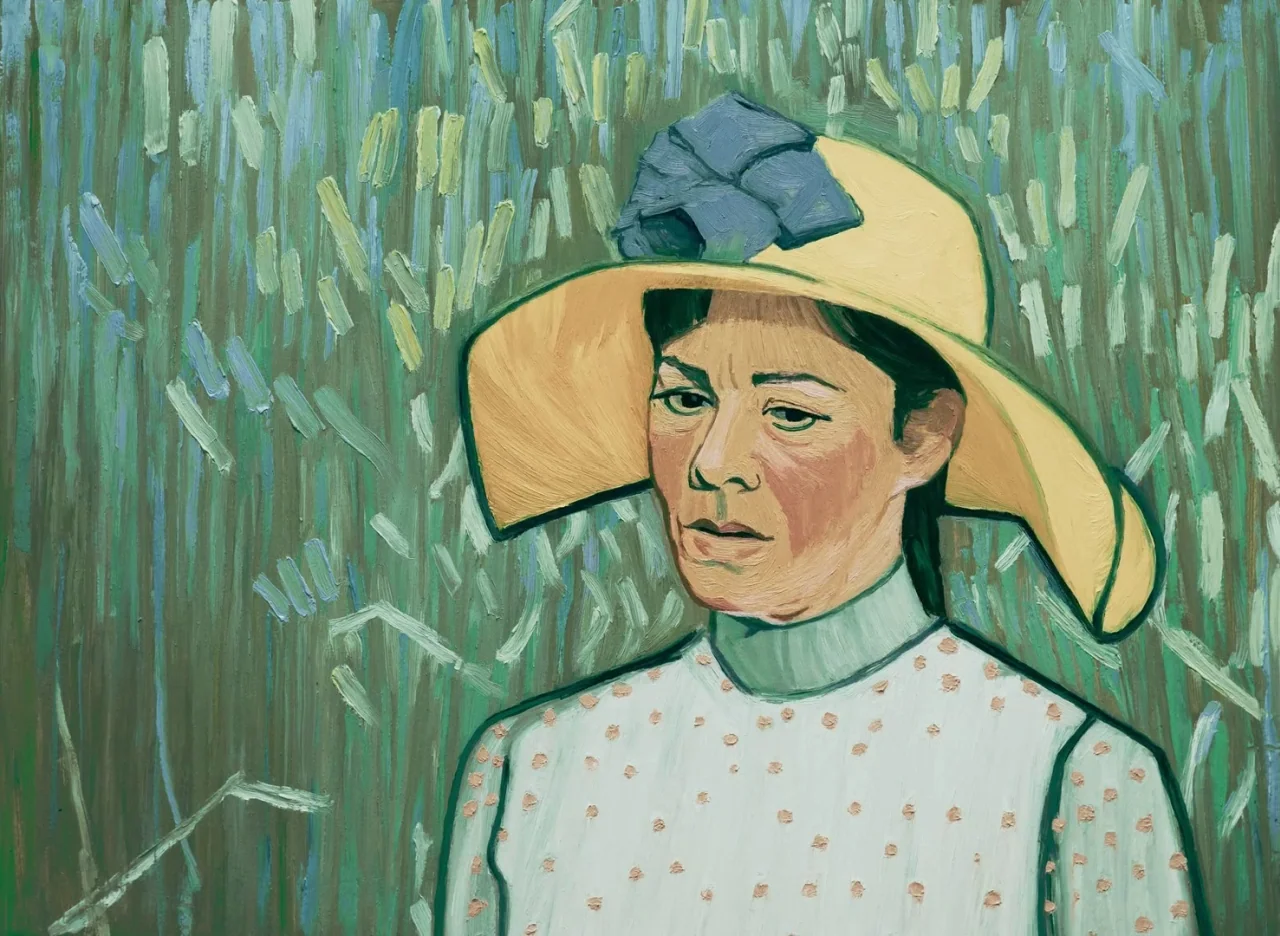 Loving Vincent (2017) movie still: medium — A woman stands in front of a green textured surface resembling thick brushstrokes. She wears a large…