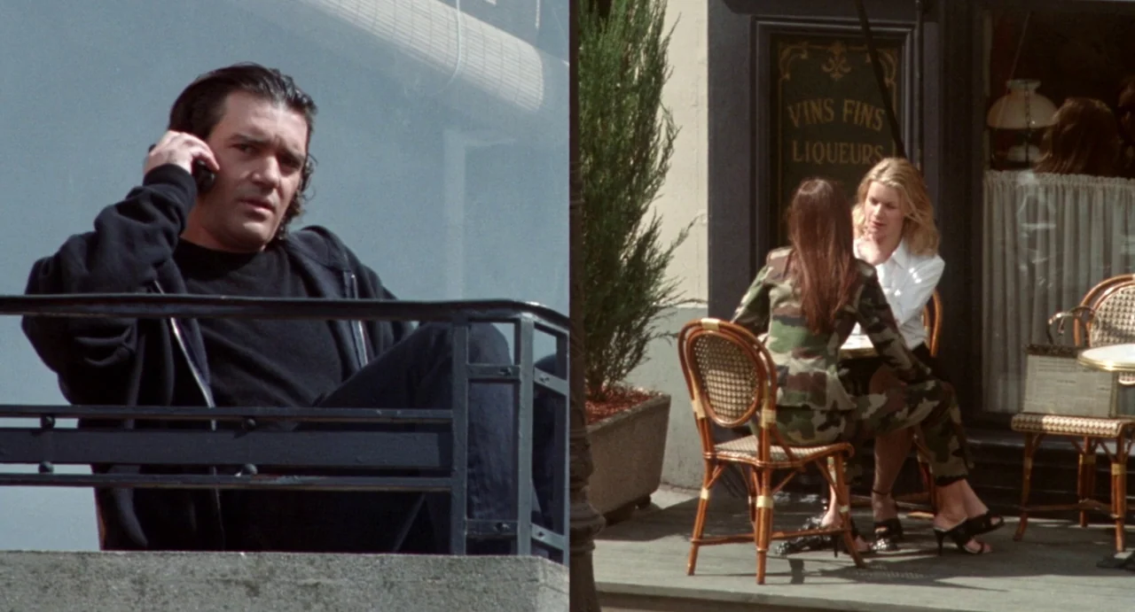 Femme Fatale (2002) movie still: medium — A split composition shows a man on a balcony overlooking a street cafe. Two women sit at an outdoor table…