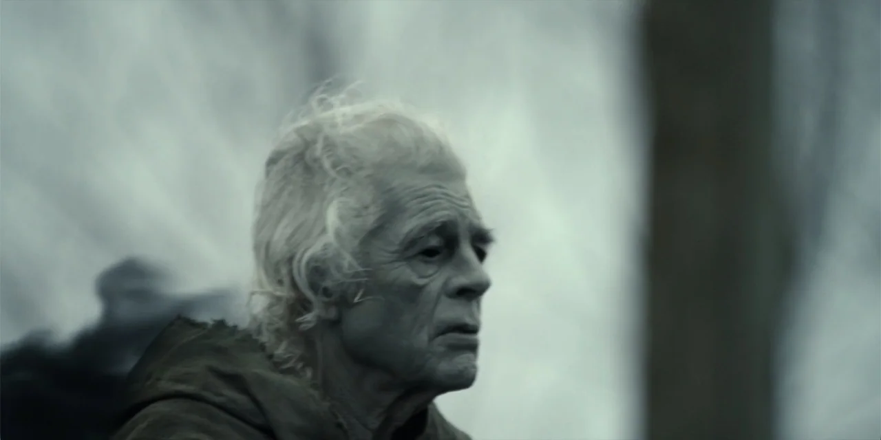 The Monkey (2025) movie still: closeup — An elderly man stands in an outdoor area filled with soft blurred trees. The man gazes to the side while…