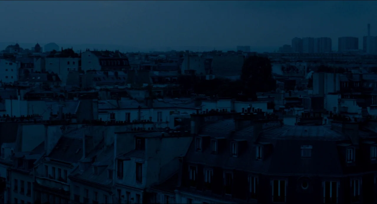 The Night Eats the World (2018) movie still: establishing — A dense urban expanse of Parisian-style zinc rooftops and chimneys at twilight.…