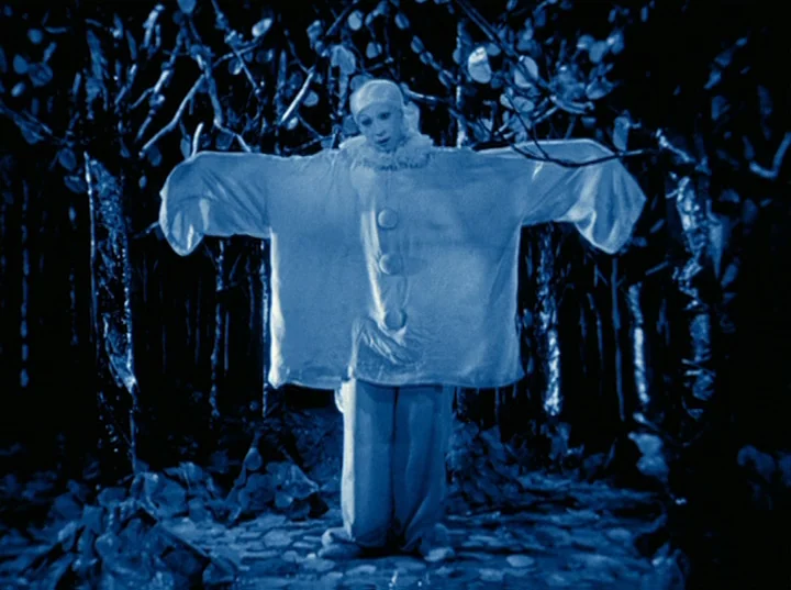 Rabbit’s Moon (1950) movie still: fullbody — A man in a clown costume stands in a dense, dark forest clearing. The scene is illuminated by a deep…