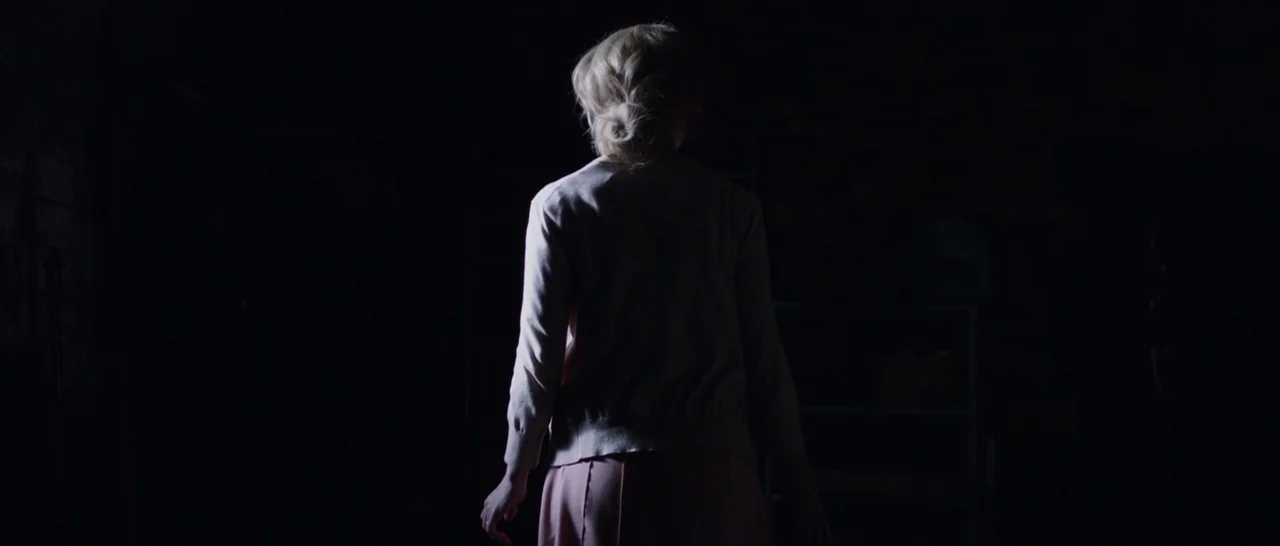 The Babadook (2014) movie still: medium — A dark space with no visible architectural features or furniture in the deep shadows. A blonde woman in a…