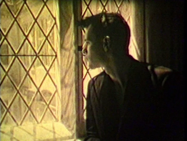The Angelic Conversation (1985) movie still: medium — A dark indoor space features a wall with a prominent leaded glass window. A young man stands…