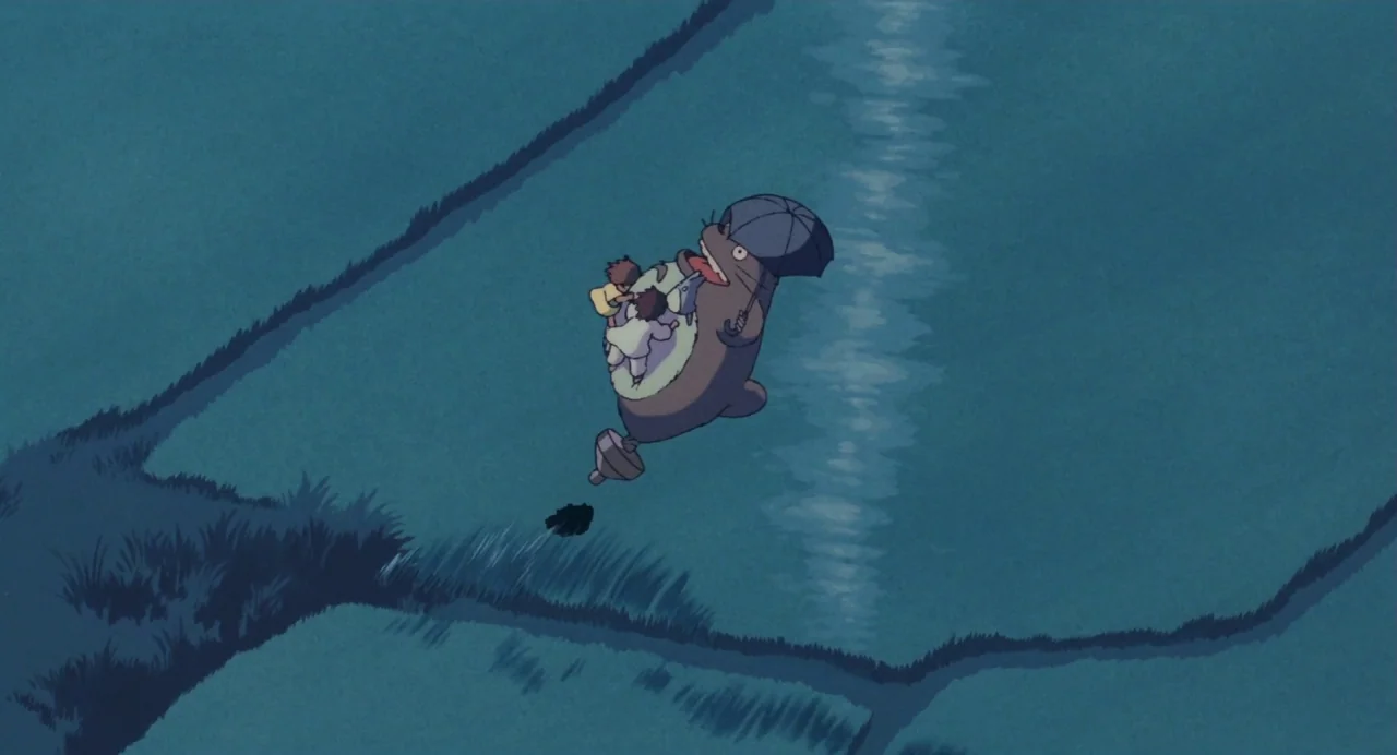 My Neighbour Totoro (1988) movie still: wide — View from above looking down at green flooded fields and dark grassy borders. A large furry creature…