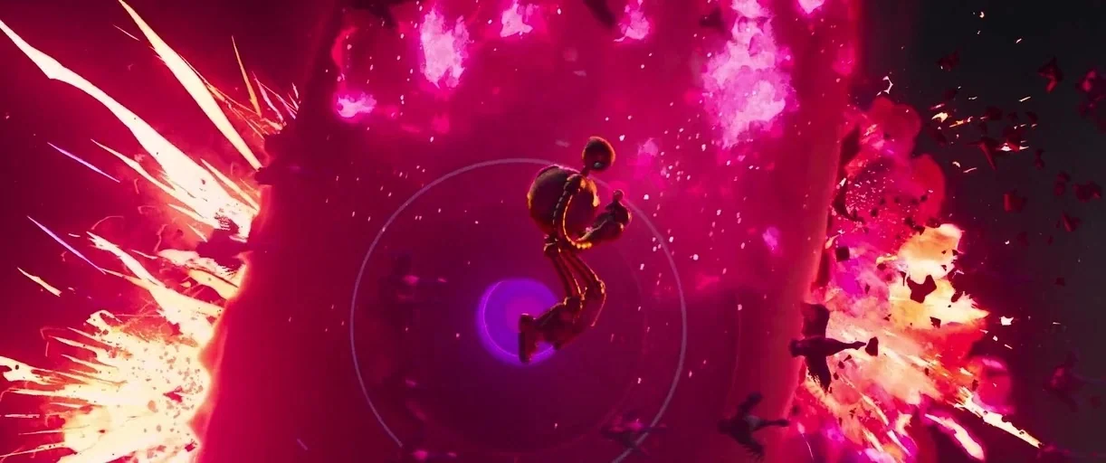 The Wild Robot (2024) movie still: wide — A spherical robot floats in the center of an outer space environment. A large, bright pink and magenta…