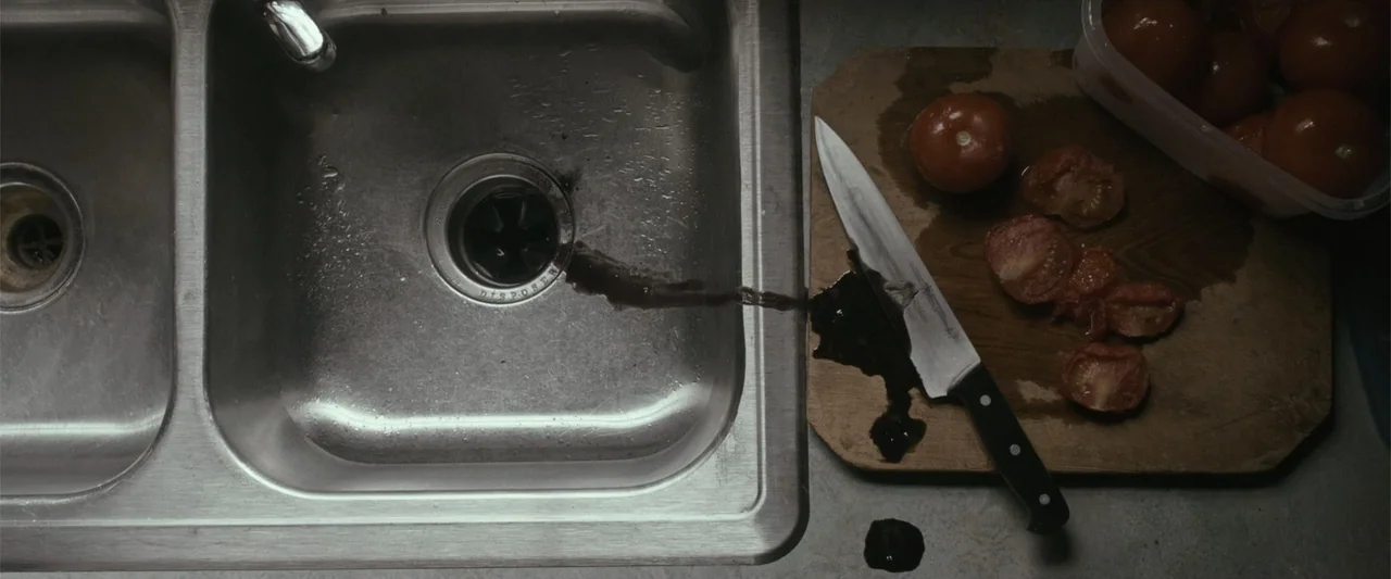 Maggie (2015) movie still: establishing — A top-down view shows a stainless steel dual sink and a wooden cutting board. A kitchen knife rests on the…