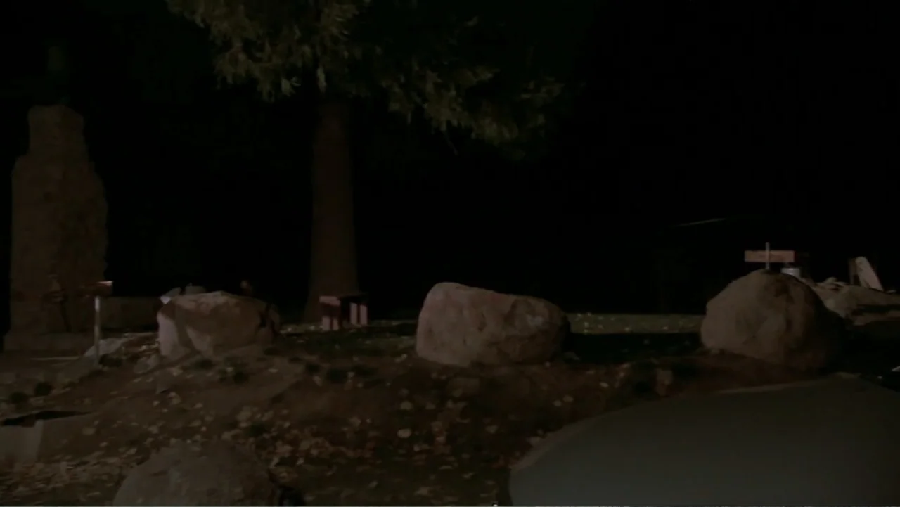Hot Gimmick: Girl Meets Boy (2019) movie still: wide — A dark outdoor space at night contains large boulders and a tall tree. The ground is covered…