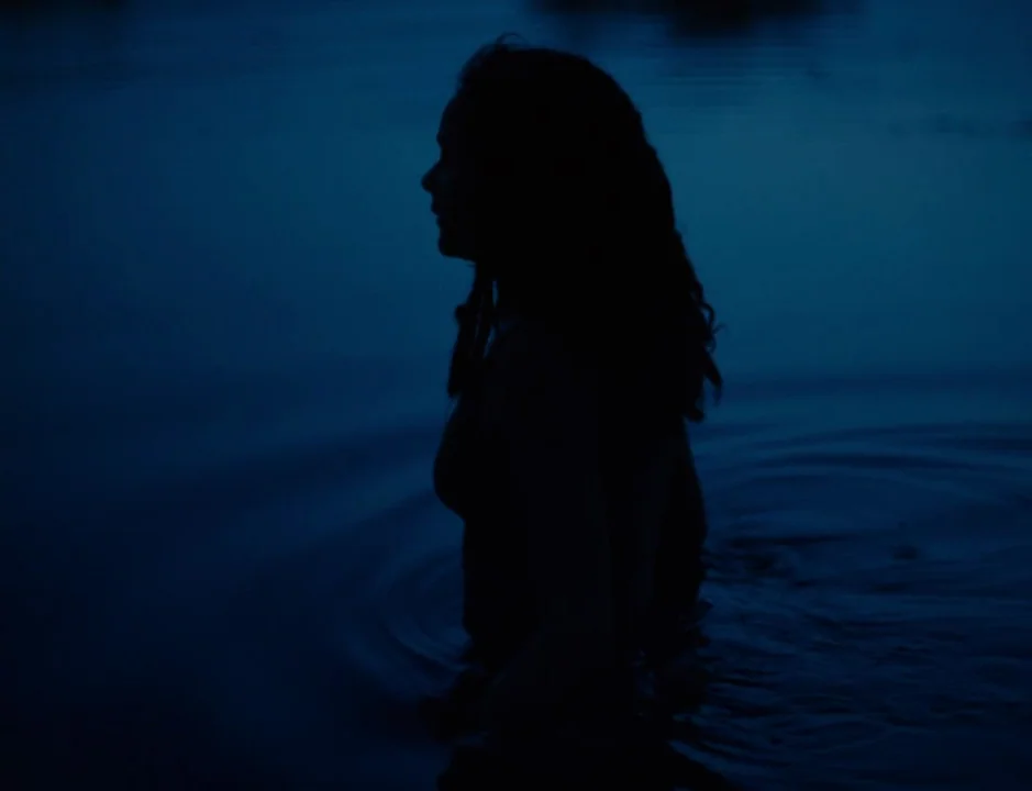 American Honey (2016) movie still: medium — The scene shows a calm body of water at night. A woman stands partially submerged and in profile against…