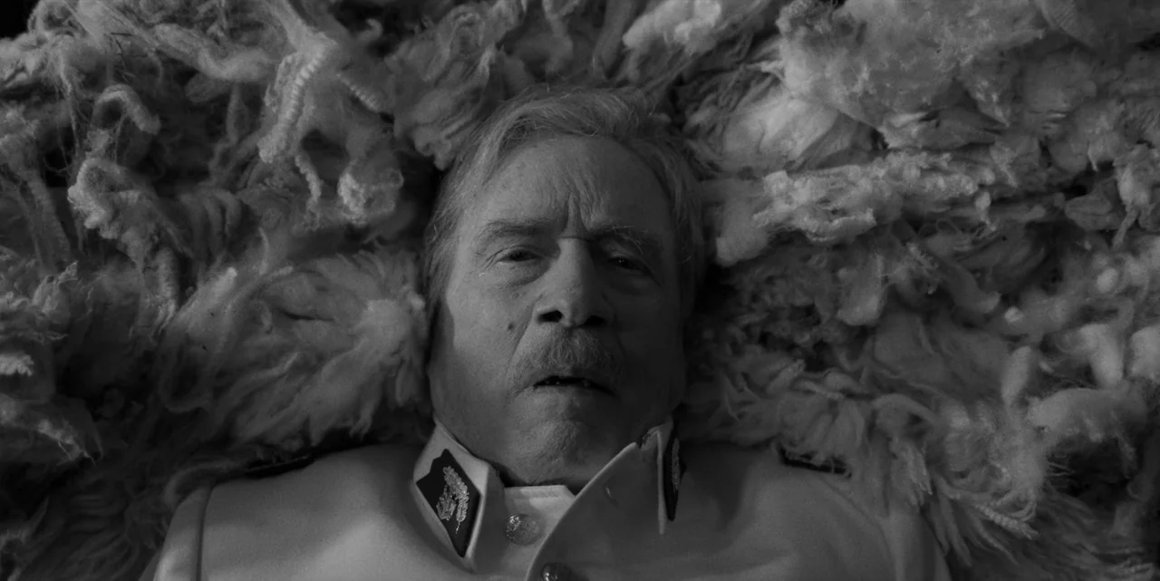 El Conde (2023) movie still: closeup — A man lies supine surrounded by a mass of unspun sheep wool. The textures of the fibers contrast with his…