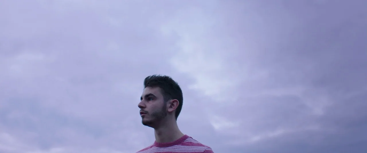 Raw (2016) movie still: medium — A man stands outdoors beneath a dense, overcast sky during twilight. He looks to the side while the overcast…