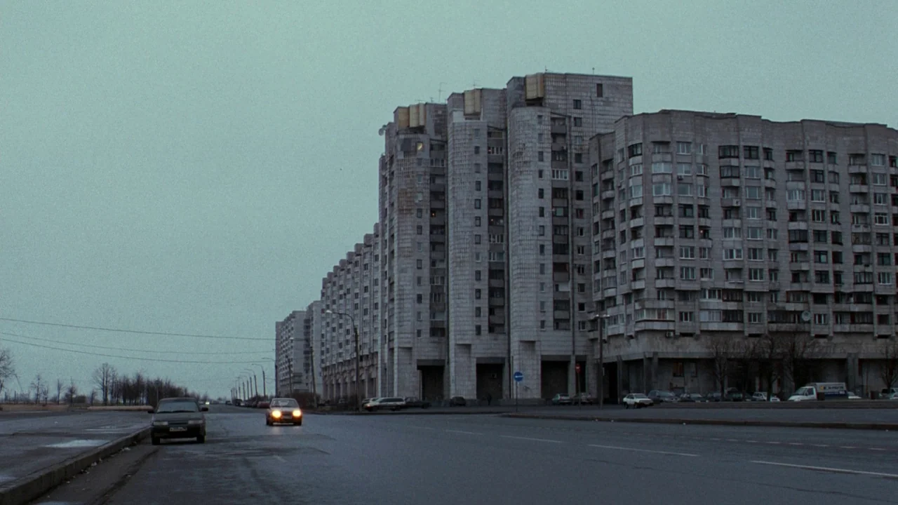 Cold Souls (2009) movie still: establishing — A massive, grey brutalist-style apartment complex spans the background along a paved roadway. Two cars…