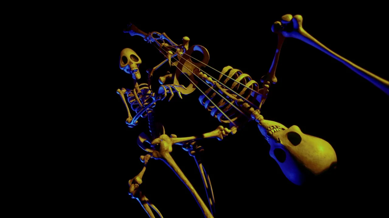 The Corpse Bride (2005) movie still: medium — Two anthropomorphic skeletons dance in a void against an entirely black background. One skeleton holds…