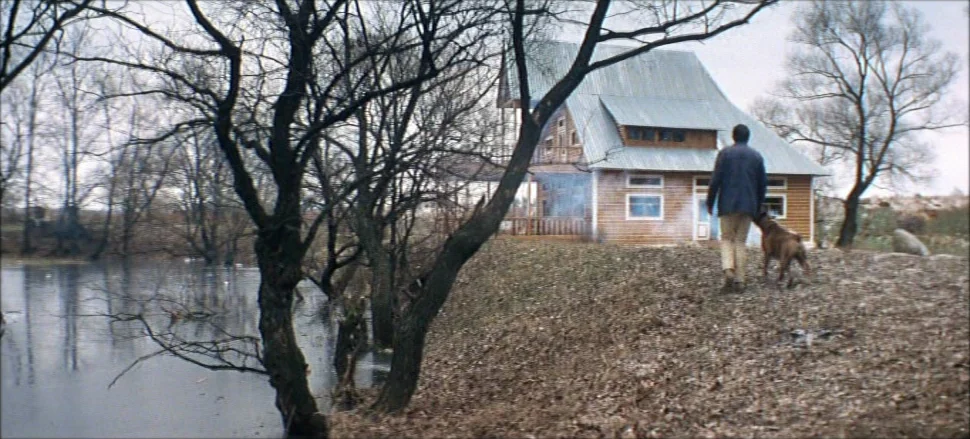 Solaris (1972) movie still: wide — A wooden cabin sits on a hillside next to a dark, calm body of water. A man walks away from the camera toward the…