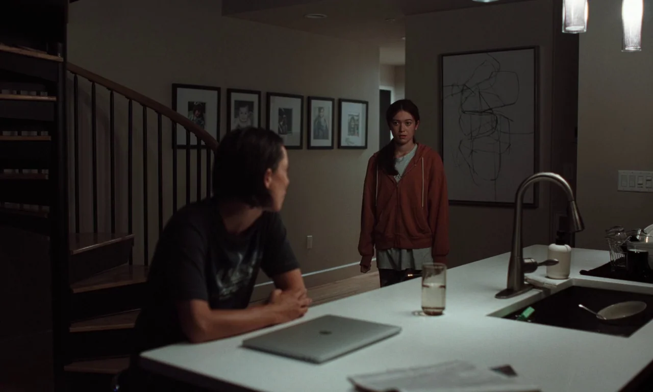 Resurrection (2022) movie still: medium — A modern home interior with a dark spiral staircase and framed wall art. One woman sits at a white…