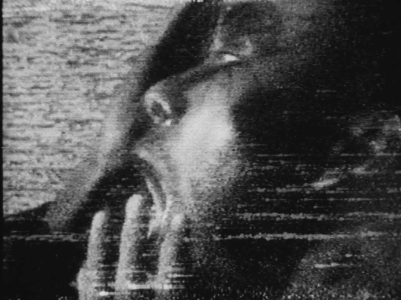 Tetsuo: The Iron Man (1989) movie still: closeup — A grainy, low-fidelity video image displays a person in a dark, indistinct environment. The…