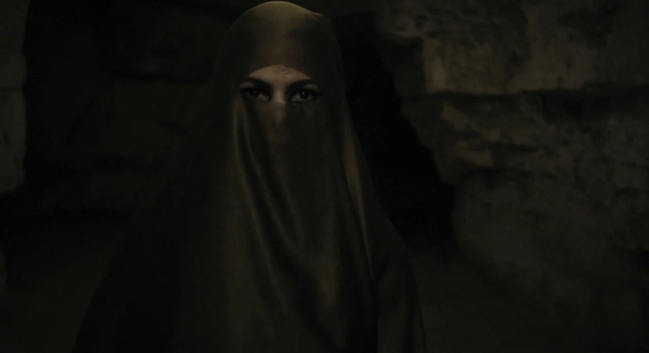 Holy Motors (2012) movie still: closeup — A dark, rocky cave interior with textured stone walls in the background. A person wearing a dark brown…