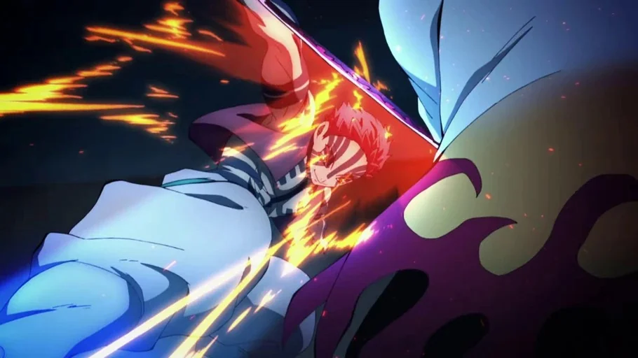 Demon Slayer: Kimetsu no Yaiba (2019) movie still: medium — A dark night battlefield is illuminated by intense orange sparks from a combat clash. A…
