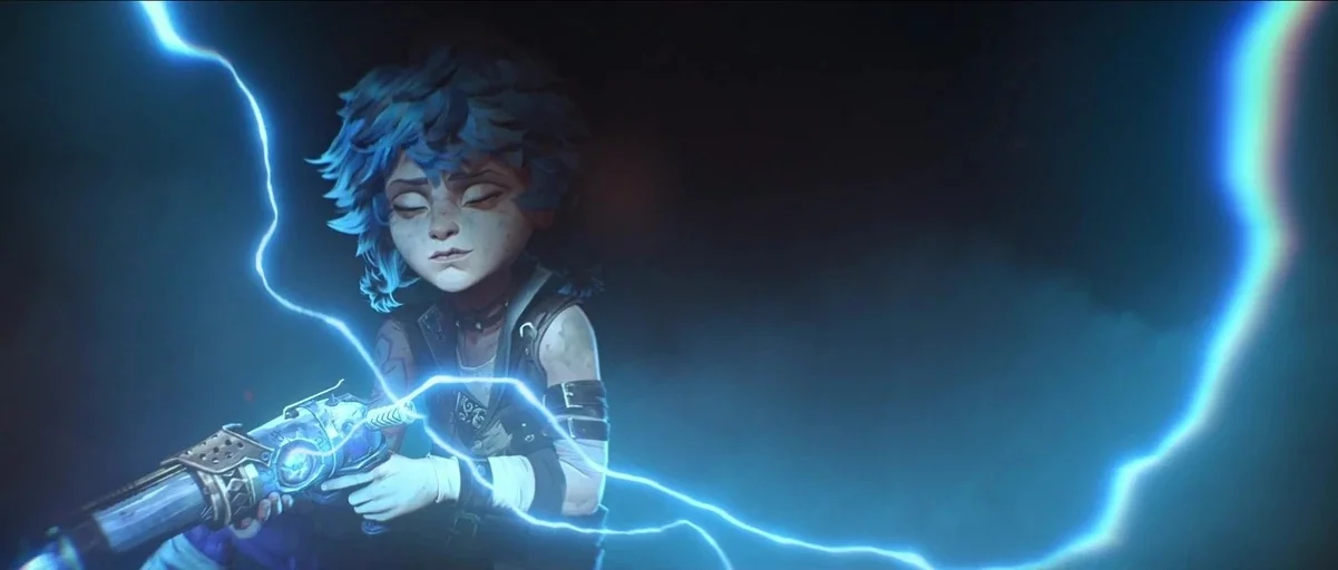 Arcane (2024) movie still: medium — A figure with blue hair stands against a dark, smoky void environment. The character holds a mechanical pistol…