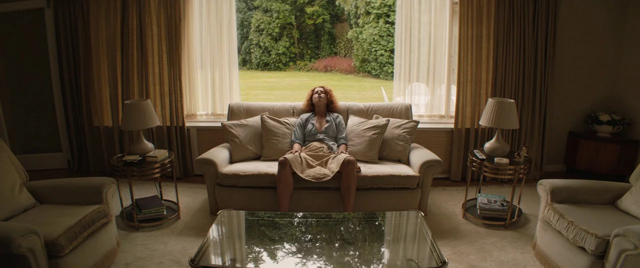 Beast (2017) movie still: wide — A symmetric living room features two armchairs flanking a central sofa against a large window. A woman with curly…