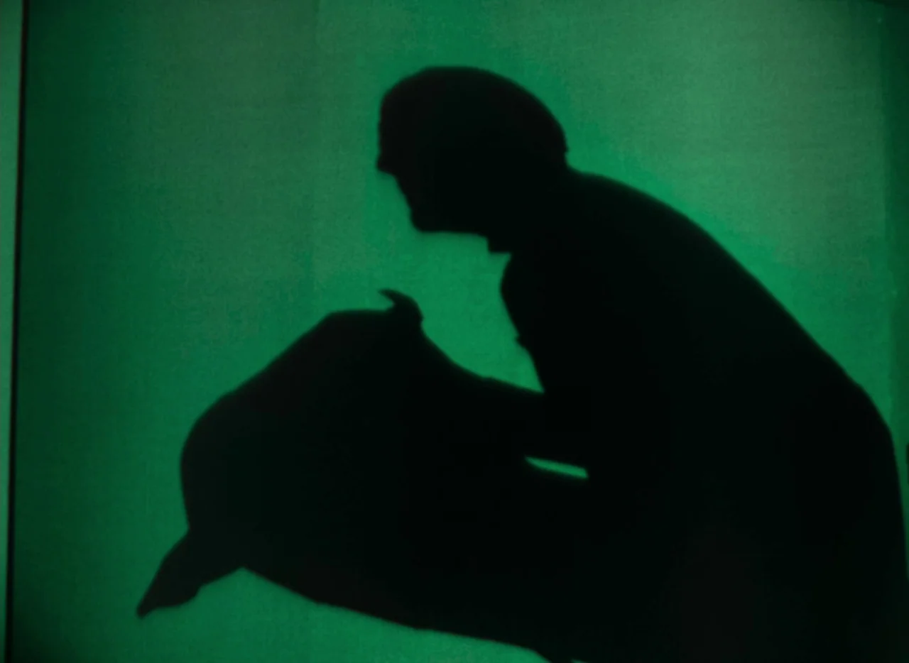 Doctor X (1932) movie still: medium — A silhouette of a person appears against a bright glowing green backdrop. The figure leans forward to interact…