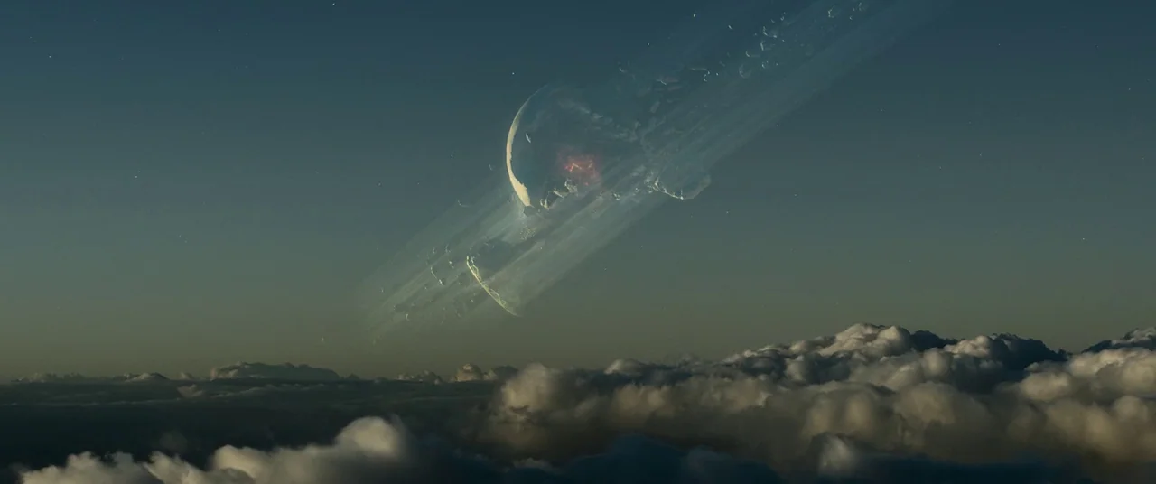 Oblivion (2013) movie still: establishing — A view from high above the cloud layer showing a broken planet in the sky. Debris trails and glowing…