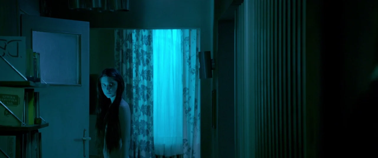 The Lure (2015) movie still: medium — A dimly lit hallway leads toward a window covered by patterned curtains. A woman with long hair stands in the…