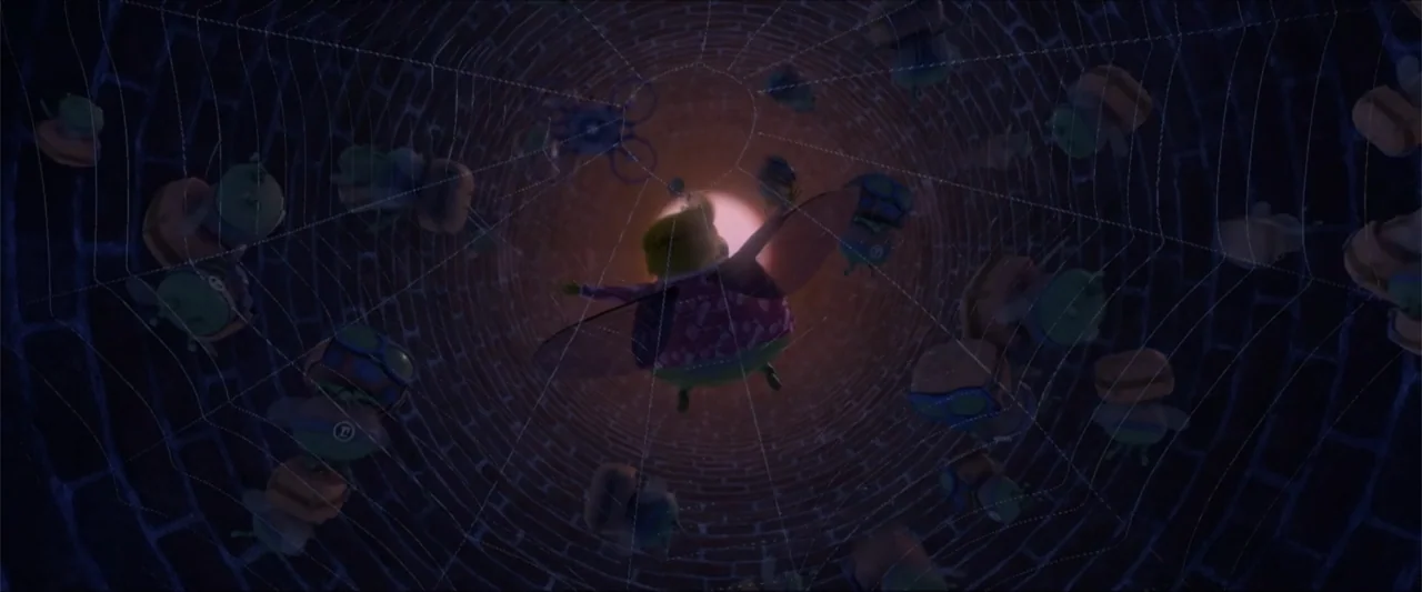 Boonie Bears: The Big Shrink (2018) movie still: wide — A deep circular brick shaft is covered in a dense web with trapped small figures. A solitary…