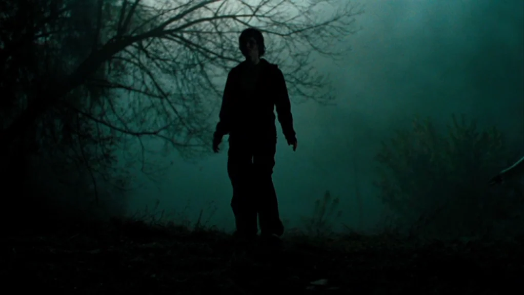 We Are The Night (2010) movie still: fullbody — A dark, foggy wooded area is filled with thick haze and silhouettes of trees. A young woman walks…