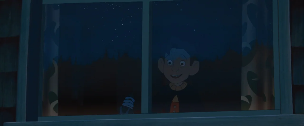 The Iron Giant (1999) movie still: medium — A view through a paneled window looking out into a dark, star-filled night sky. A young boy stands…