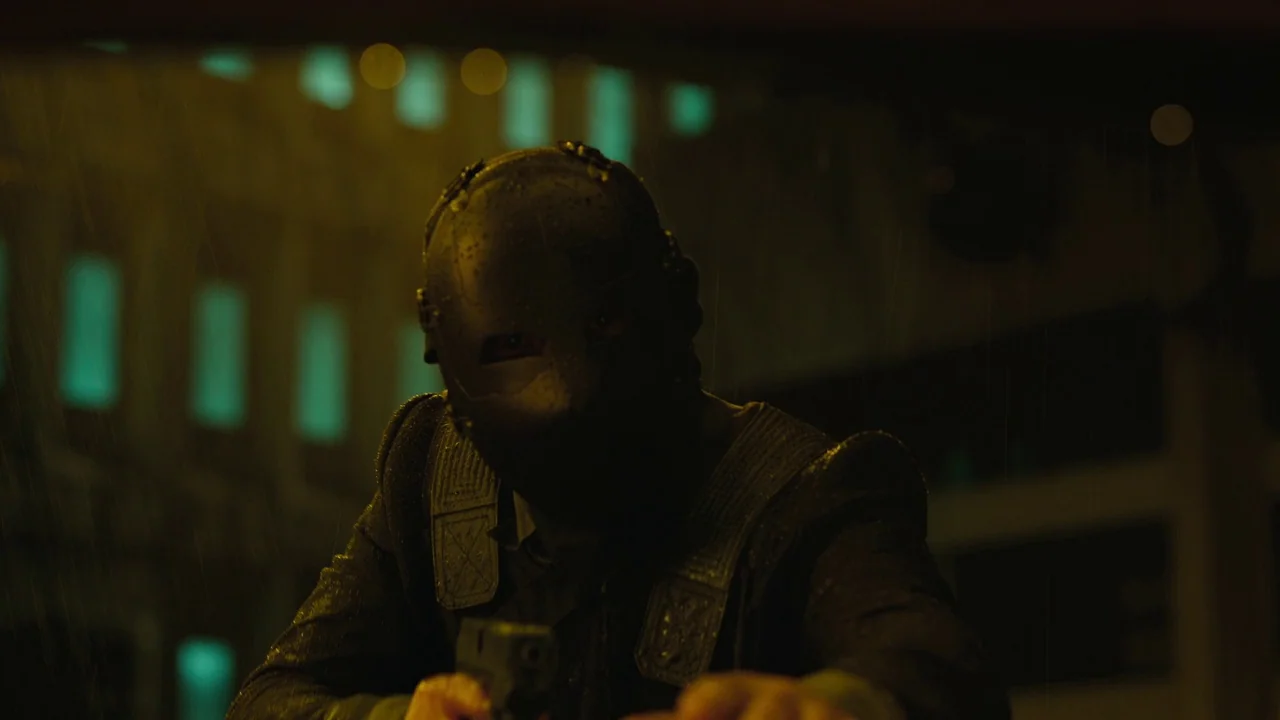 Ghost in the Shell (2017) movie still: medium — A dark city street at night is rainy with blurred distant building window lights. A man in a dark…