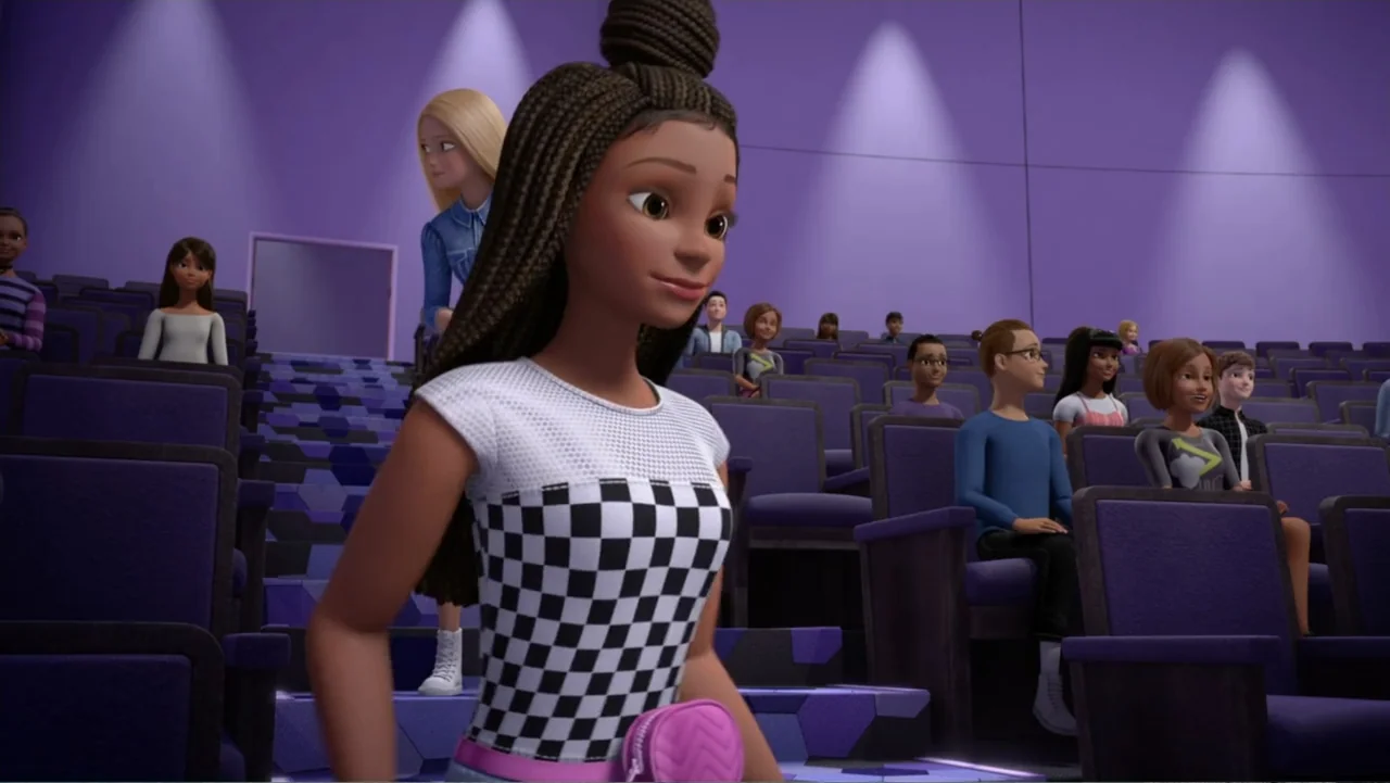 Barbie: Big City, Big Dreams (2021) movie still: medium — A modern auditorium featuring purple walls and rows of upholstered seats filled with…