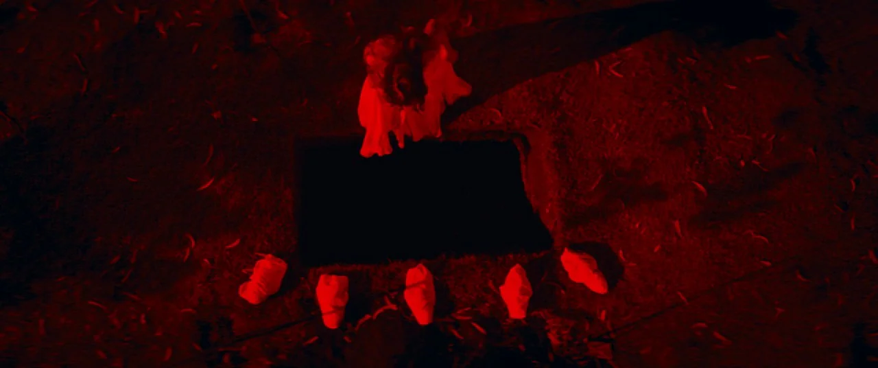 Elizabeth Harvest movie still: wide — A dark, dirt-covered landscape contains a rectangular hole in the center of the frame. A figure in a white…
