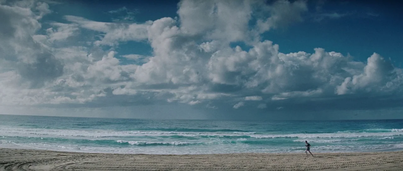 The Ruins (2008) movie still: wide — A wide sandy beach meets the ocean under a dramatic sky with heavy clouds. A lone runner jogs along the water…