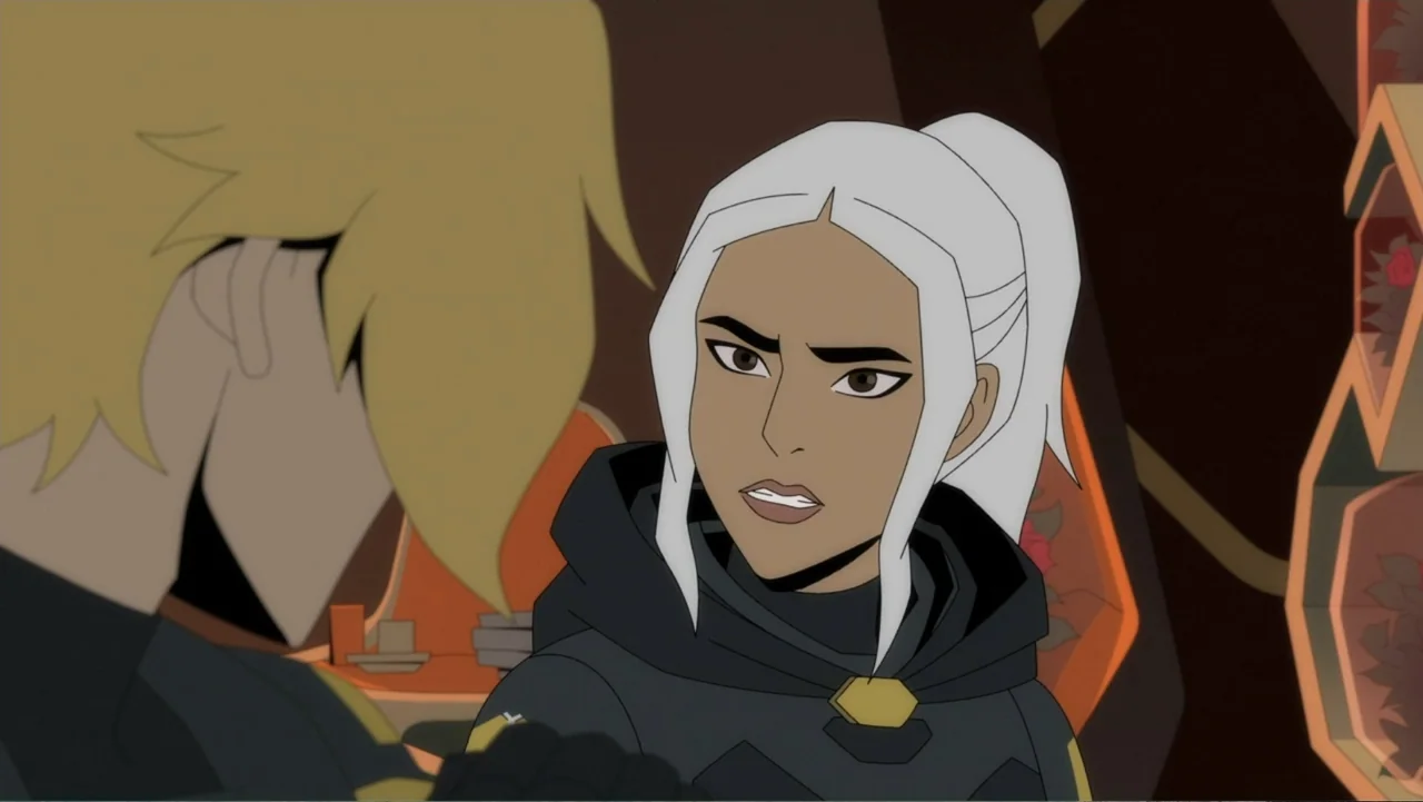 Deathstroke: Knights & Dragons - The Movie (2020) movie still: medium — A dimly lit interior with muted walls and orange geometric panels in the…