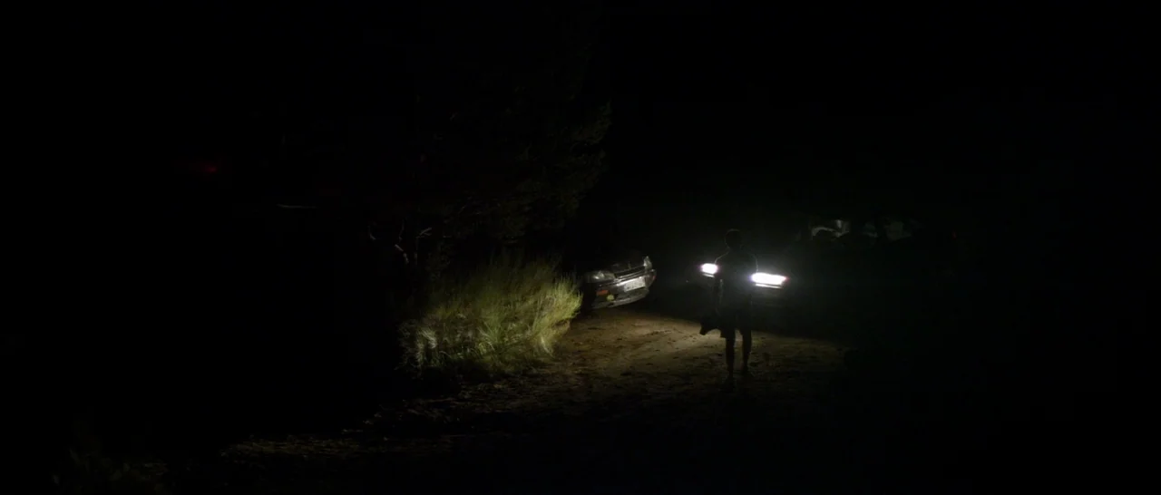 Stranger By The Lake (2013) movie still: wide — A narrow dirt road at night is illuminated by the headlights of a car. A solitary person walks…