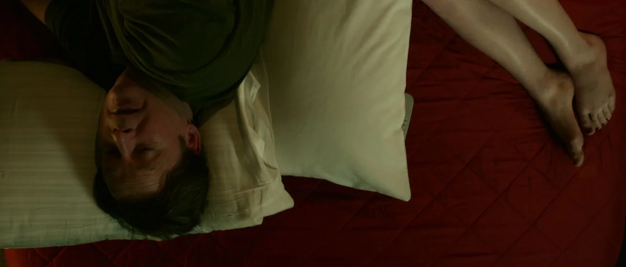 God Bless America (2011) movie still: wide — A top-down view shows two people lying on a red quilted bedspread. The man lies on white pillows while…