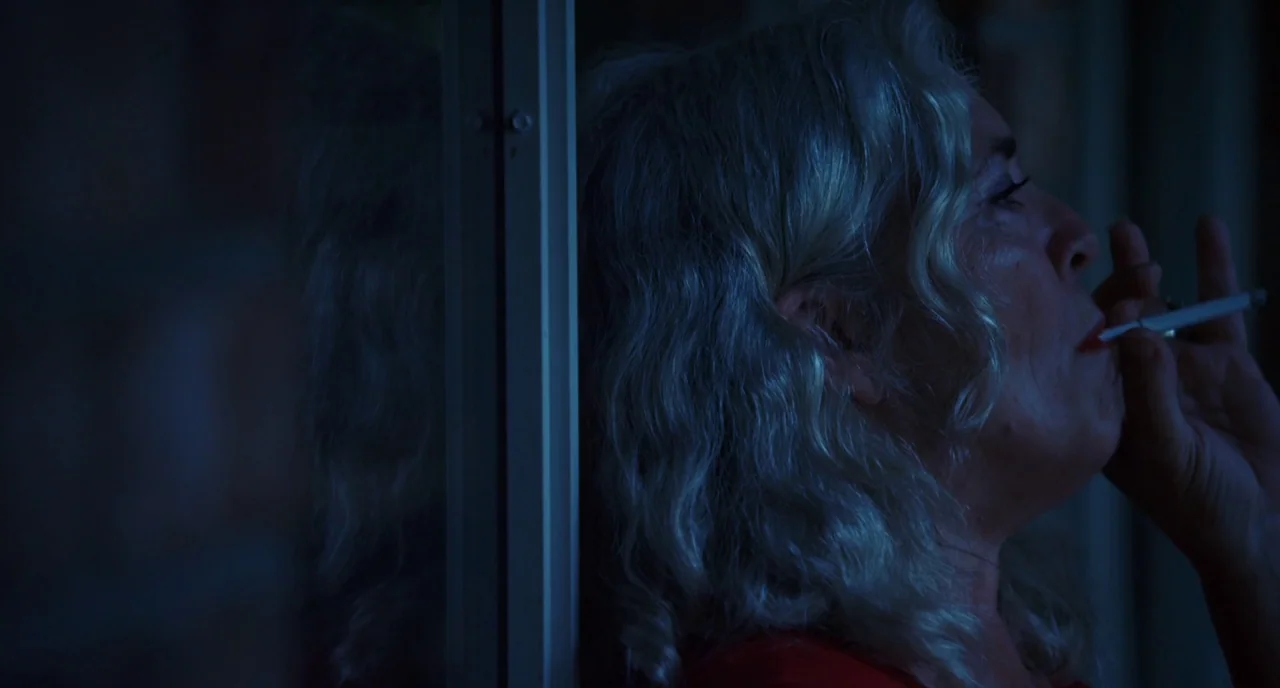 Krisha (2015) movie still: closeup — A dimly lit indoor space defined by a vertical white frame against dark shadows. An older woman with wavy hair…