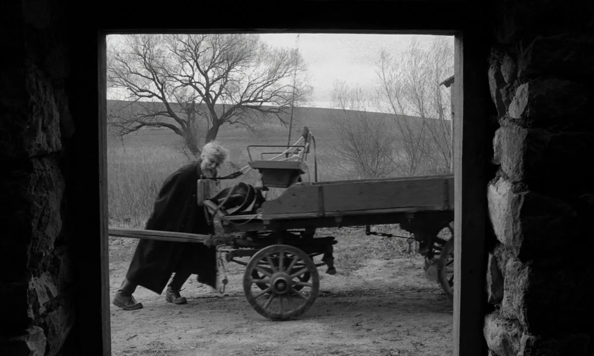 The Turin Horse (2011) movie still: wide — A rural landscape framed by a stone doorway features a barren tree and hills. An elderly man in a long…