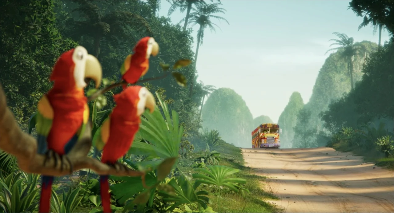 Hotel Transylvania: Transformania (2022) movie still: medium — A dirt road winds through a lush tropical landscape featuring palm trees and…