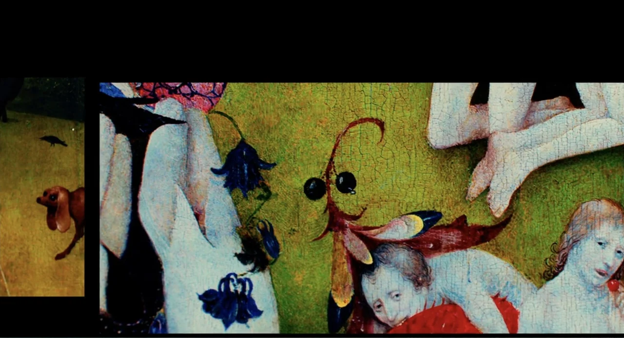 An Imperfect Murder (2017) movie still: medium — A flat painted landscape depicts figures and stylized plants on a textured green surface. Two pale…