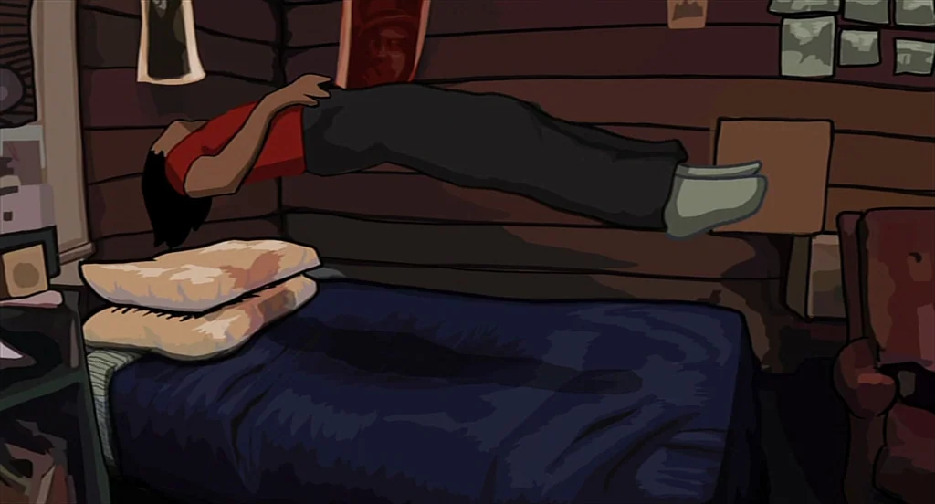 Waking Life (2001) movie still: medium — A dimly lit room features dark wood-plank walls decorated with various small framed pictures. A young girl…