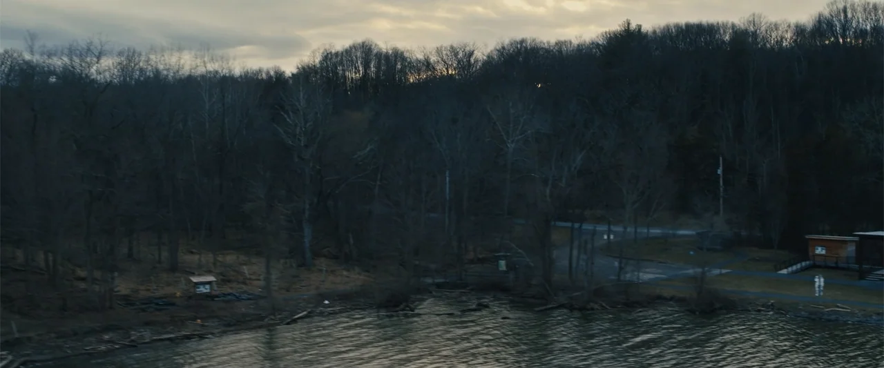Skin (2009) movie still: establishing — A dark, wooded shoreline meets a body of water at twilight under grey skies. An empty road winds through the…